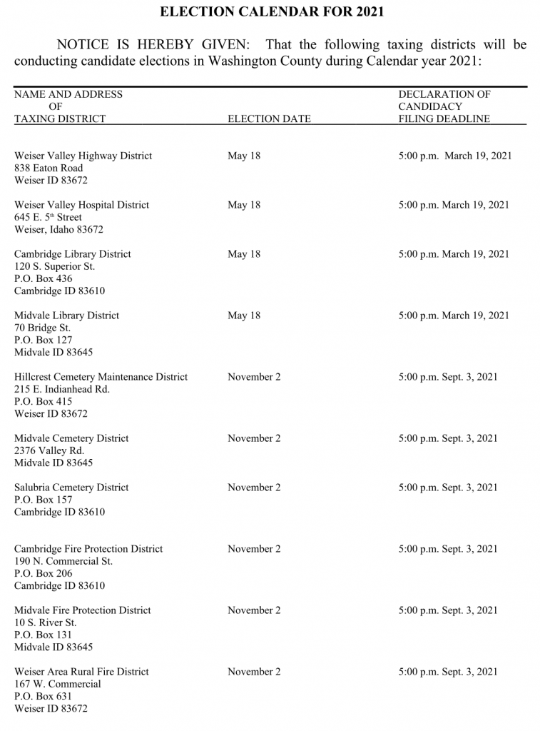 Washington County 2021 Election Calendar Living In the News